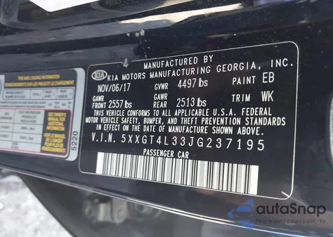 2018 Kia Optima S из США, поврежденный, VIN 5XXGT4L33JG237195